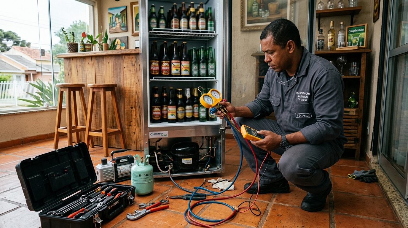 Técnico realizando manutenção de motor de cervejeira em Cancelli, Cascavel‑PR