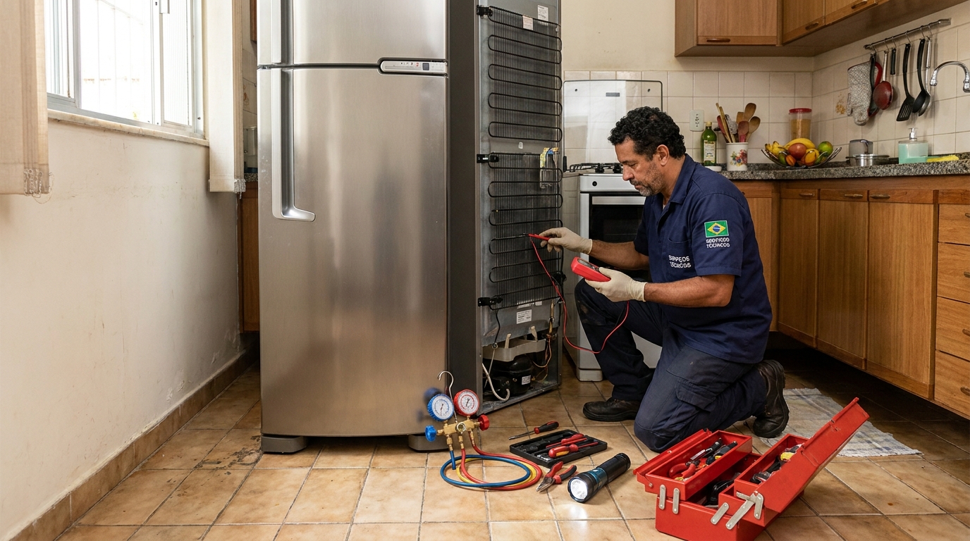 Técnico realizando manutenção de motor de geladeira no Interlagos, Cascavel‑PR