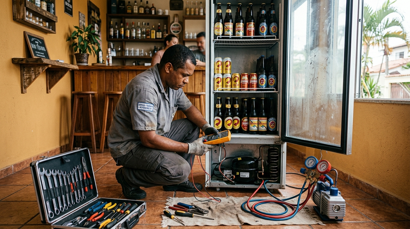 Troca de termostato de cervejeira em atendimento técnico em Cancelli, Cascavel‑PR